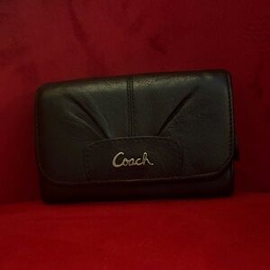 Coach Black Leather Compact Wallet with Signature Script Logo